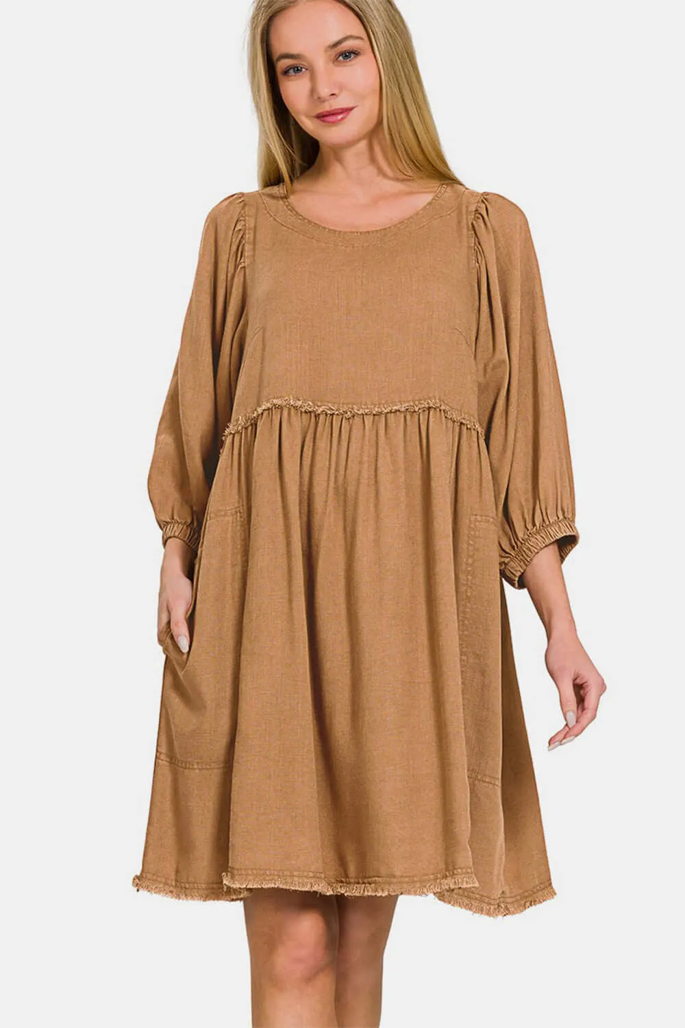 Brown Washed Linen Pleated Puff Sleeve Babydoll Dress