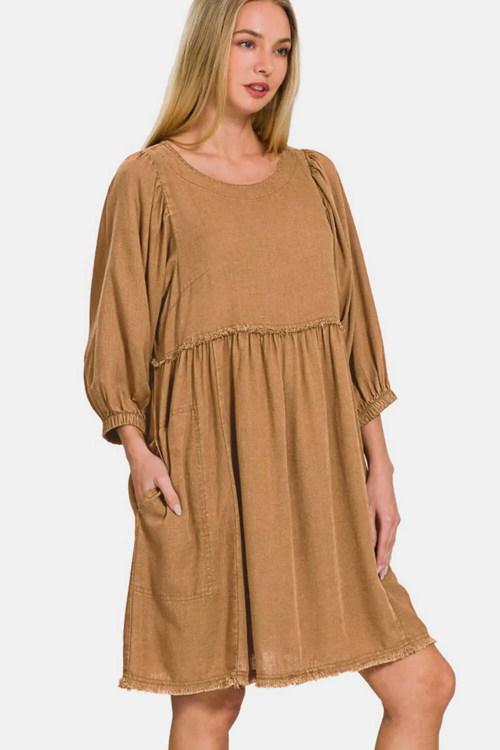 Brown Washed Linen Pleated Puff Sleeve Babydoll Dress