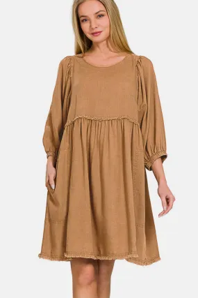 Brown Washed Linen Pleated Puff Sleeve Babydoll Dress