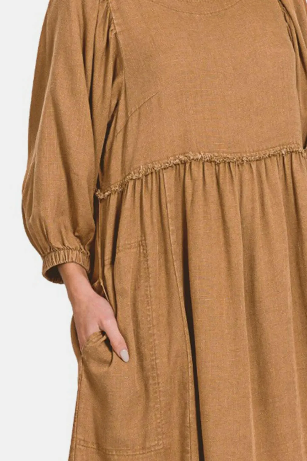 Brown Washed Linen Pleated Puff Sleeve Babydoll Dress