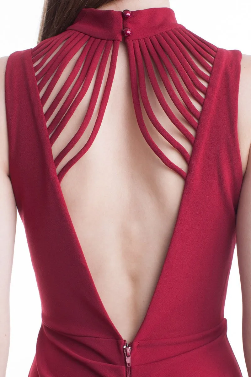 Burgundy High Neck Flow Line Evening Dress