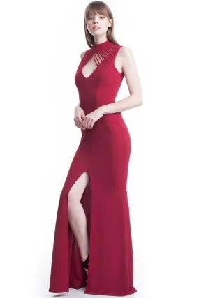 Burgundy High Neck Flow Line Evening Dress