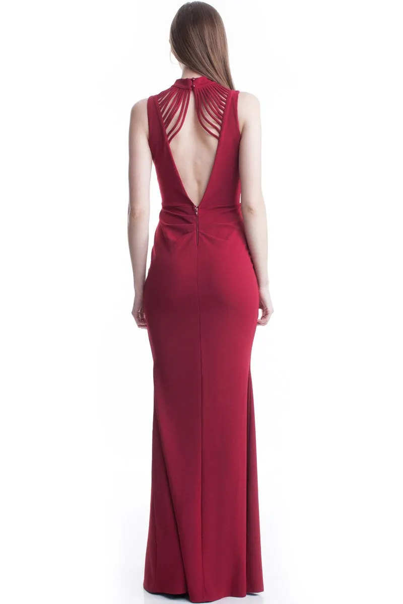 Burgundy High Neck Flow Line Evening Dress