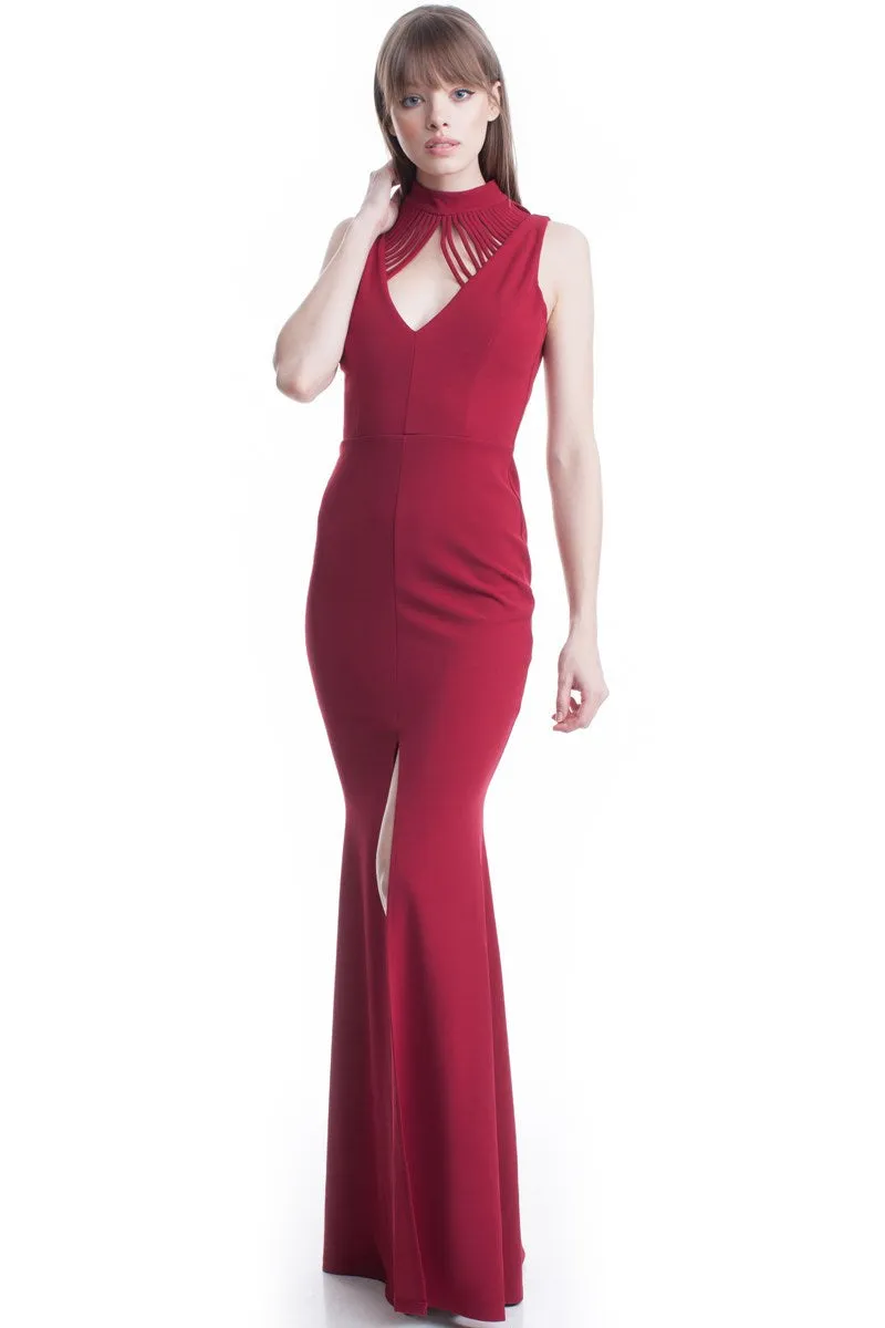 Burgundy High Neck Flow Line Evening Dress