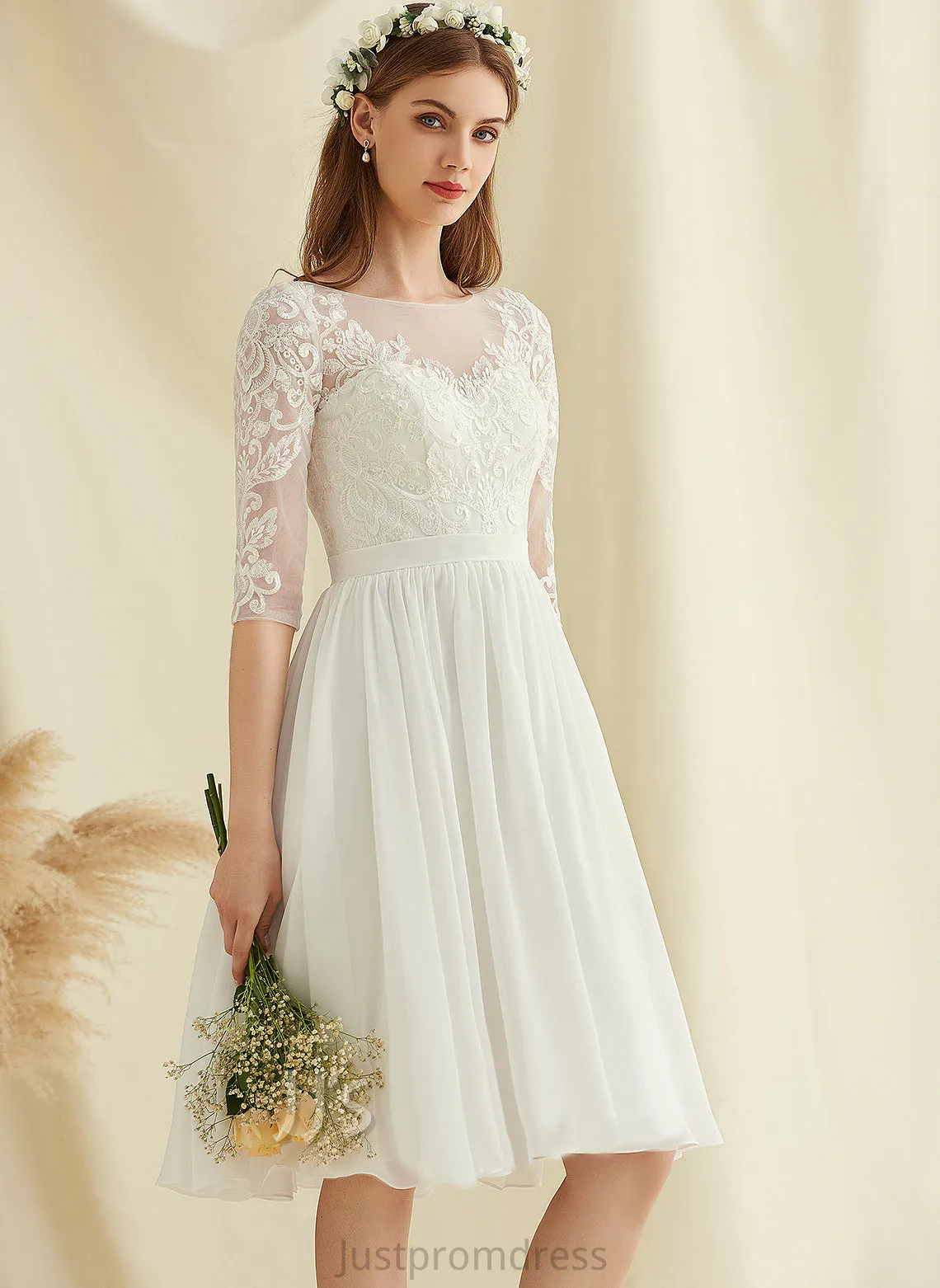 Chiffon Wedding Dresses Knee-Length Neck Scoop Lace Sequins Jocelynn A-Line Wedding Dress With
