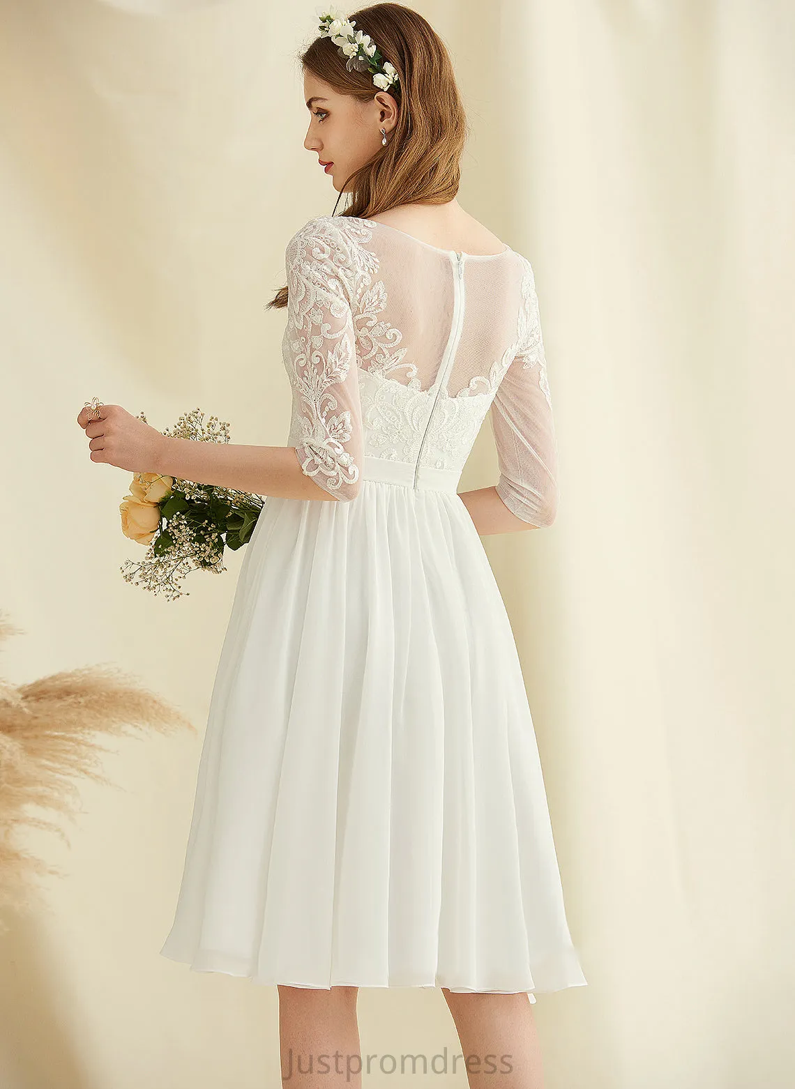 Chiffon Wedding Dresses Knee-Length Neck Scoop Lace Sequins Jocelynn A-Line Wedding Dress With