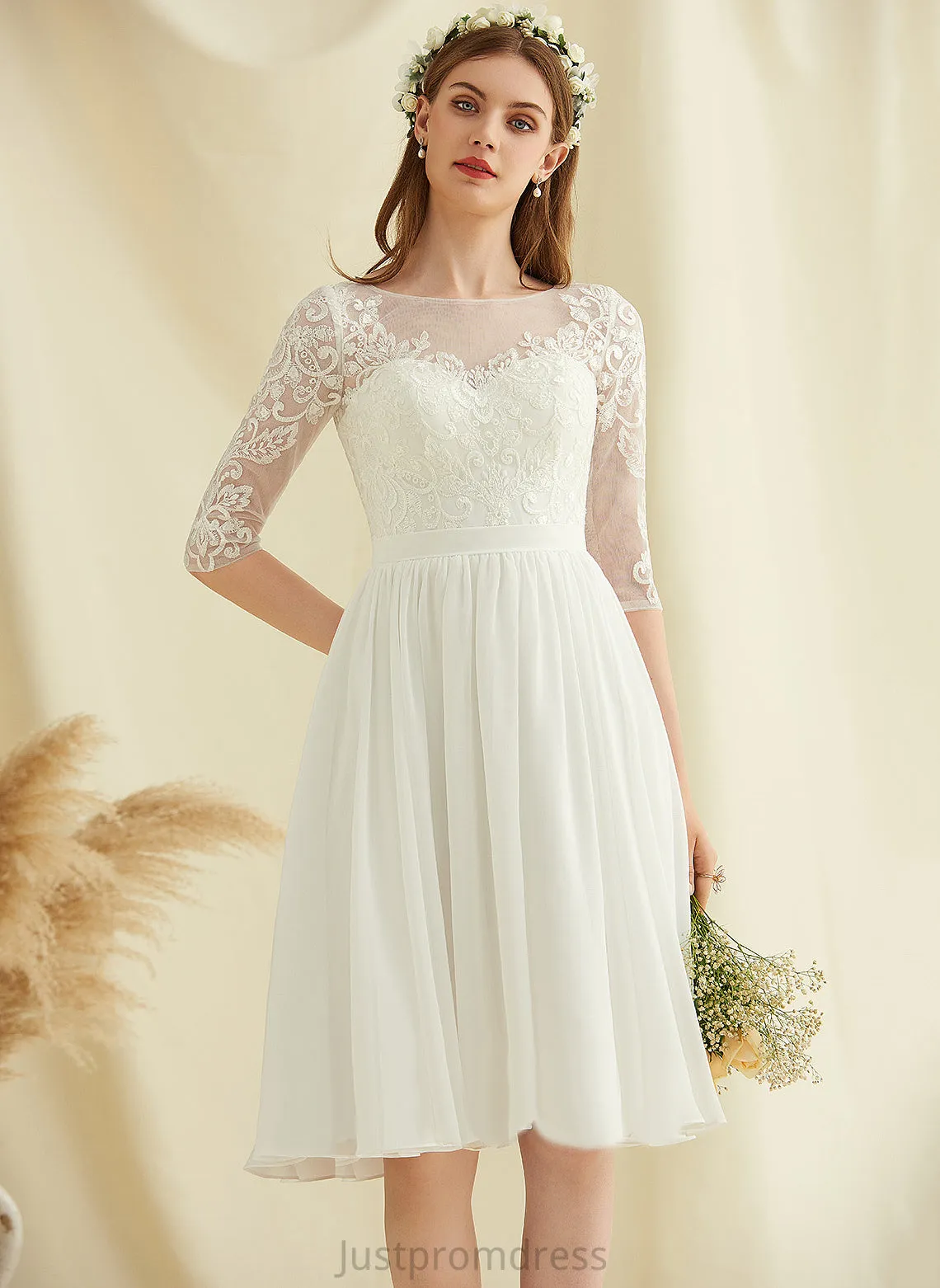 Chiffon Wedding Dresses Knee-Length Neck Scoop Lace Sequins Jocelynn A-Line Wedding Dress With