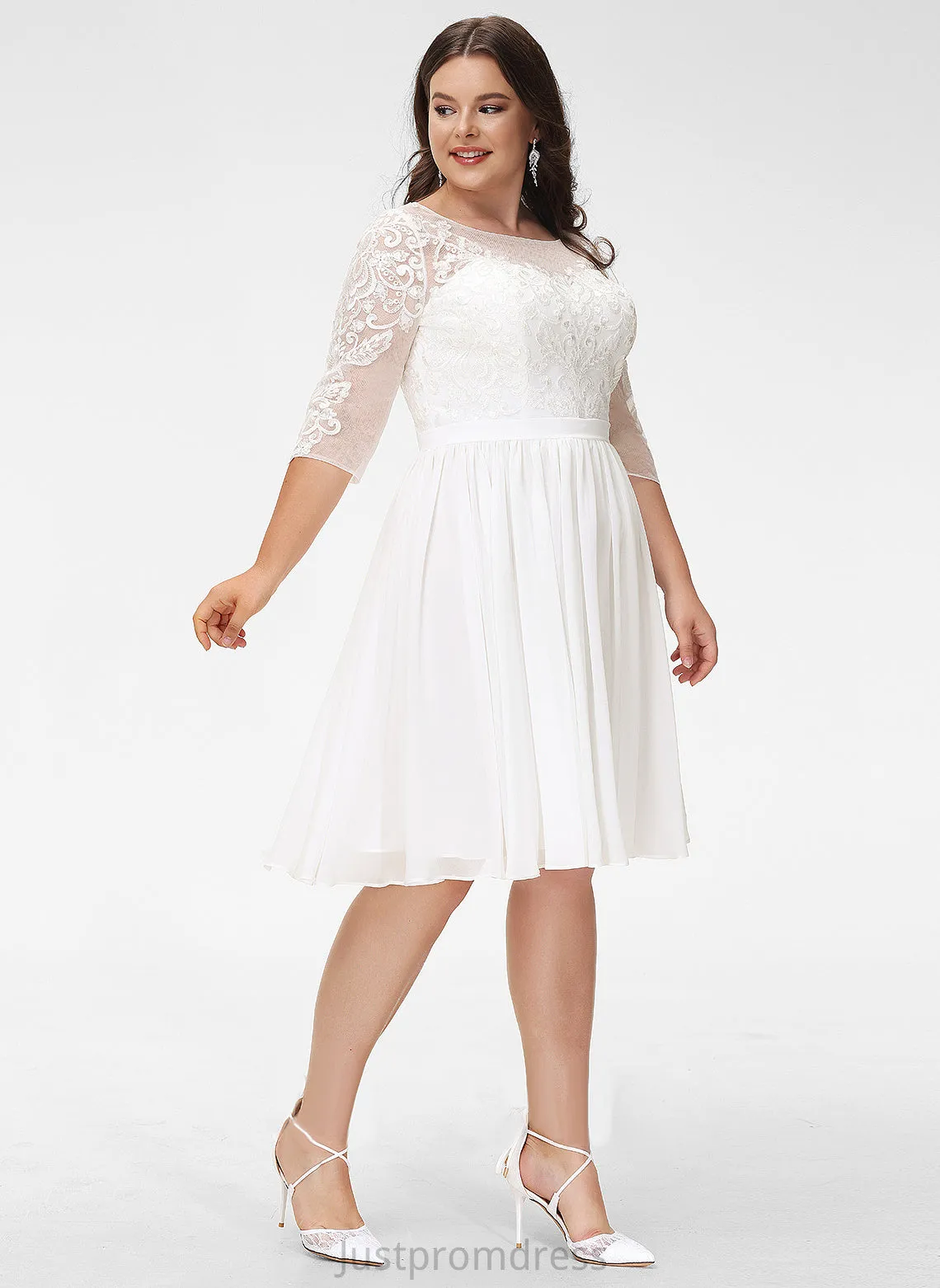 Chiffon Wedding Dresses Knee-Length Neck Scoop Lace Sequins Jocelynn A-Line Wedding Dress With