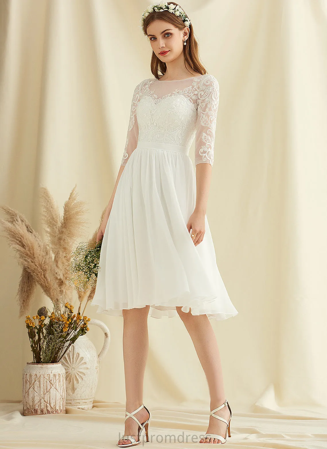 Chiffon Wedding Dresses Knee-Length Neck Scoop Lace Sequins Jocelynn A-Line Wedding Dress With