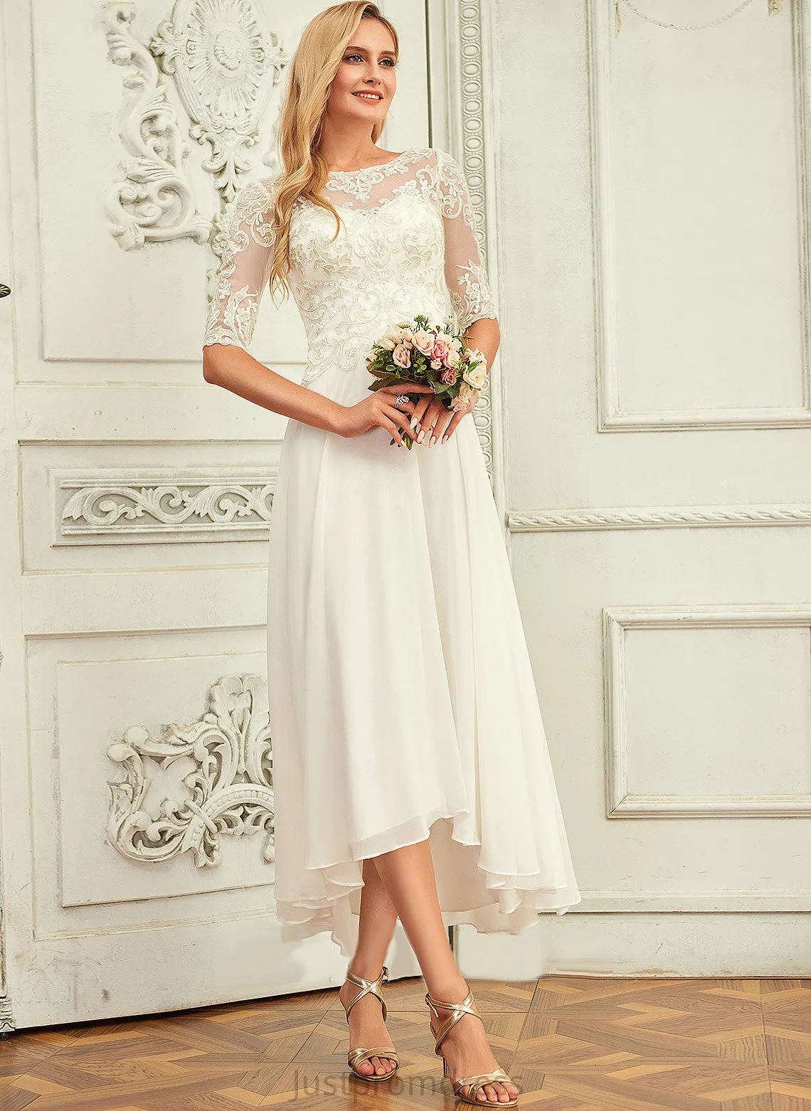 Chiffon With Lace Katharine Sequins Wedding Dresses Dress Beading Neck A-Line Scoop Wedding Asymmetrical