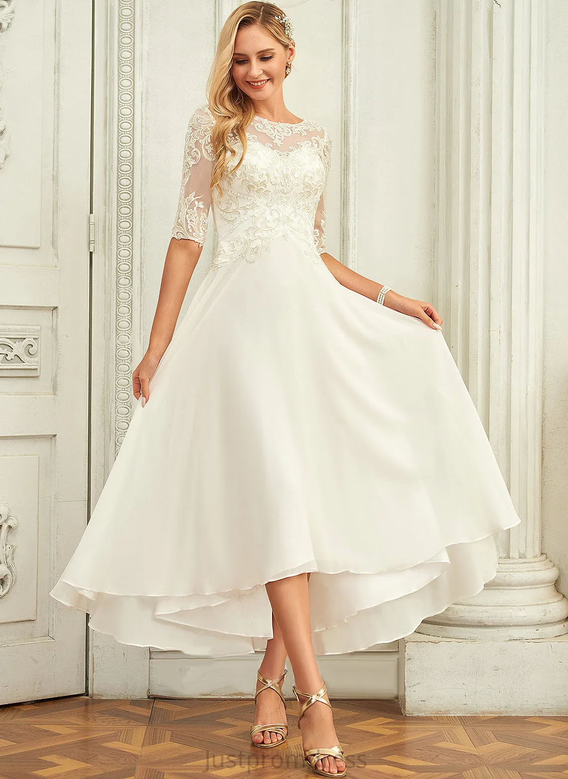Chiffon With Lace Katharine Sequins Wedding Dresses Dress Beading Neck A-Line Scoop Wedding Asymmetrical