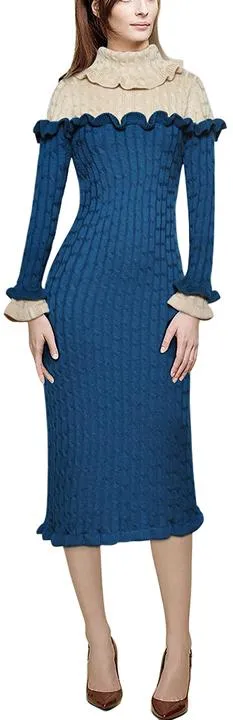 Color-Contrast Ruffle Knit Dress