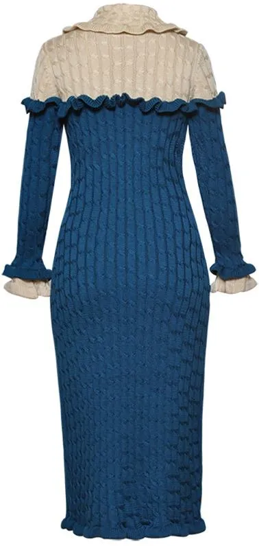 Color-Contrast Ruffle Knit Dress