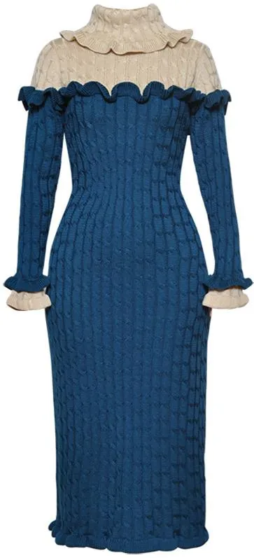 Color-Contrast Ruffle Knit Dress