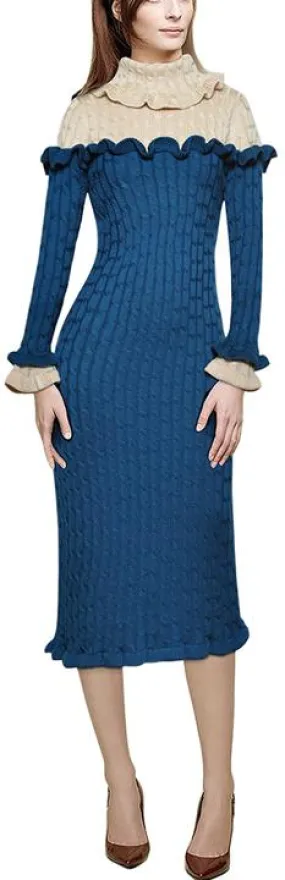 Color-Contrast Ruffle Knit Dress