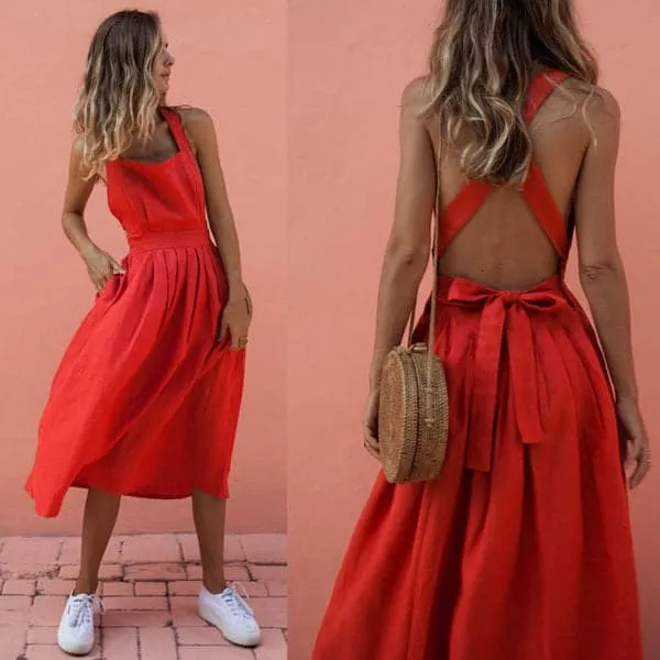 DressBetty - Sexy Bowknot Backless Cross Drawstring Beach Dress