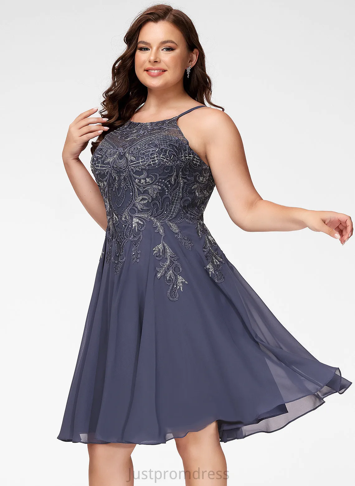 Dylan With Lace Chiffon Prom Dresses Knee-Length Scoop A-Line Appliques