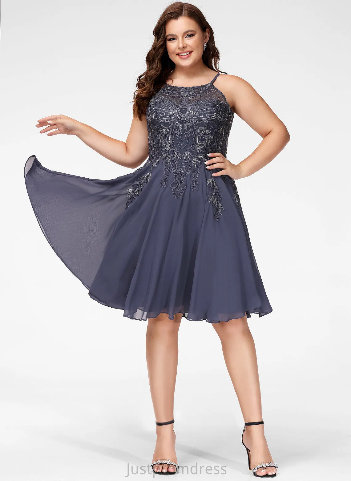 Dylan With Lace Chiffon Prom Dresses Knee-Length Scoop A-Line Appliques