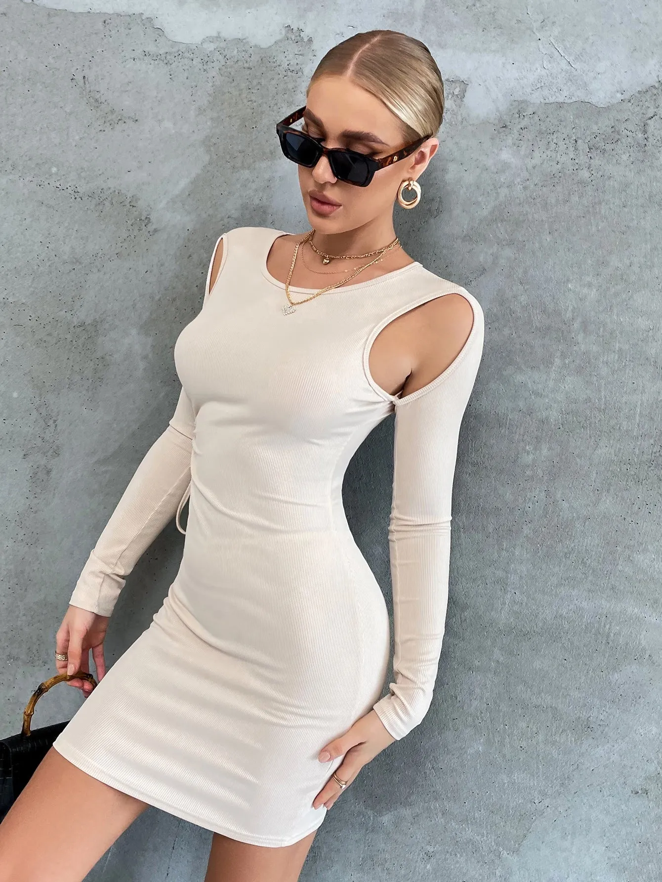 Elegant Plain Rib-Knit Long Sleeve Scoop Neck Pencil Natural Short Dress