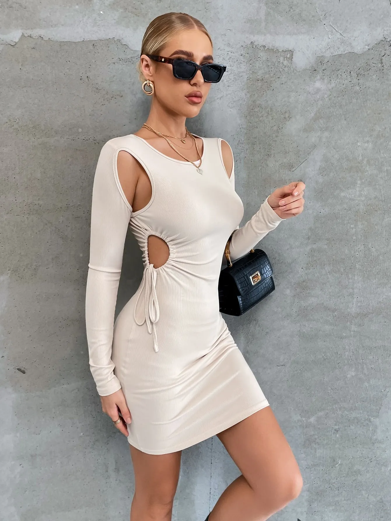 Elegant Plain Rib-Knit Long Sleeve Scoop Neck Pencil Natural Short Dress