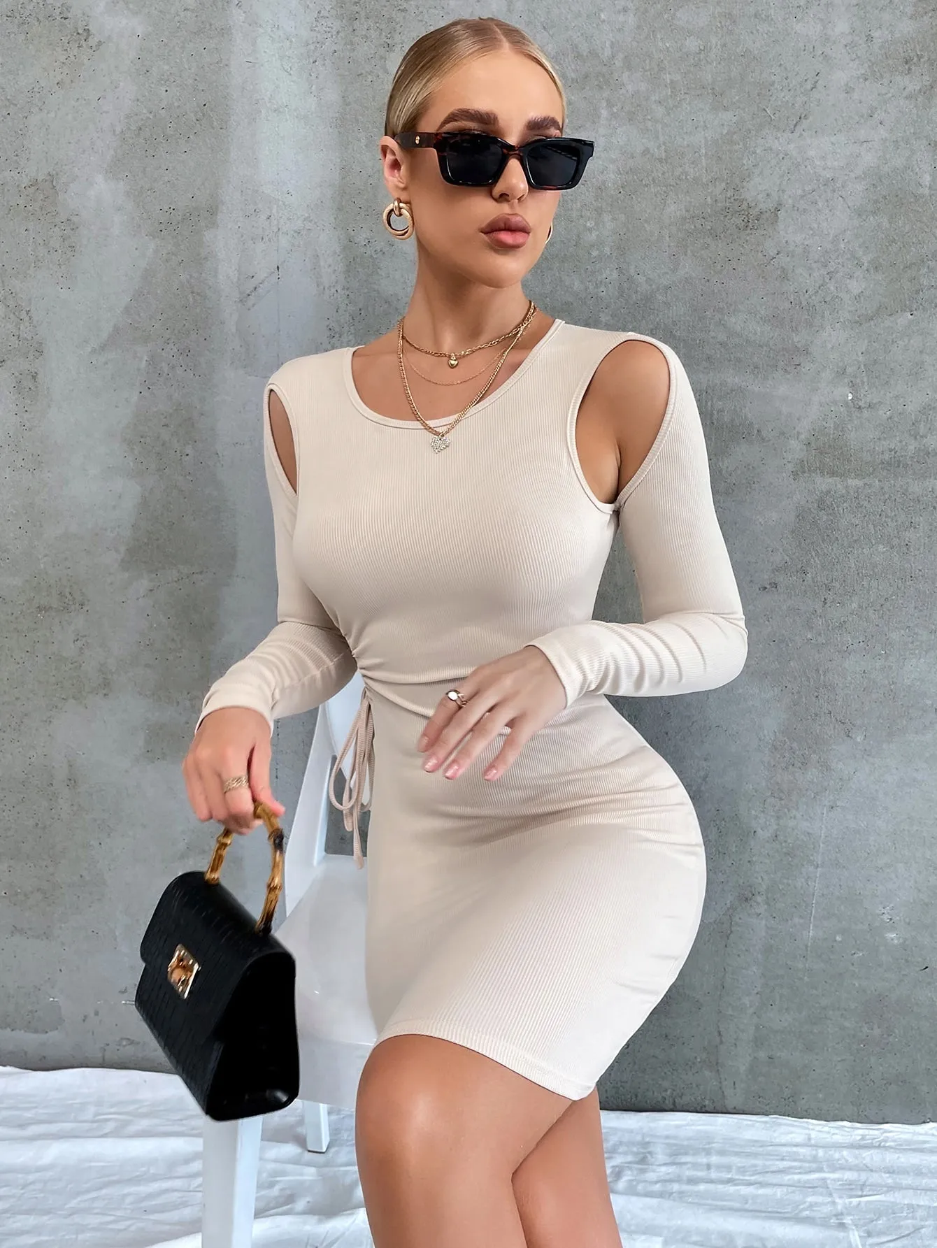 Elegant Plain Rib-Knit Long Sleeve Scoop Neck Pencil Natural Short Dress