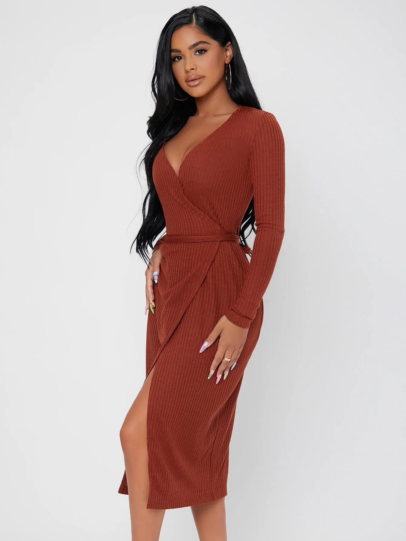 Elegant Plain Rib-Knit Long Sleeve V Neck Wrap High Waist Midi Dress