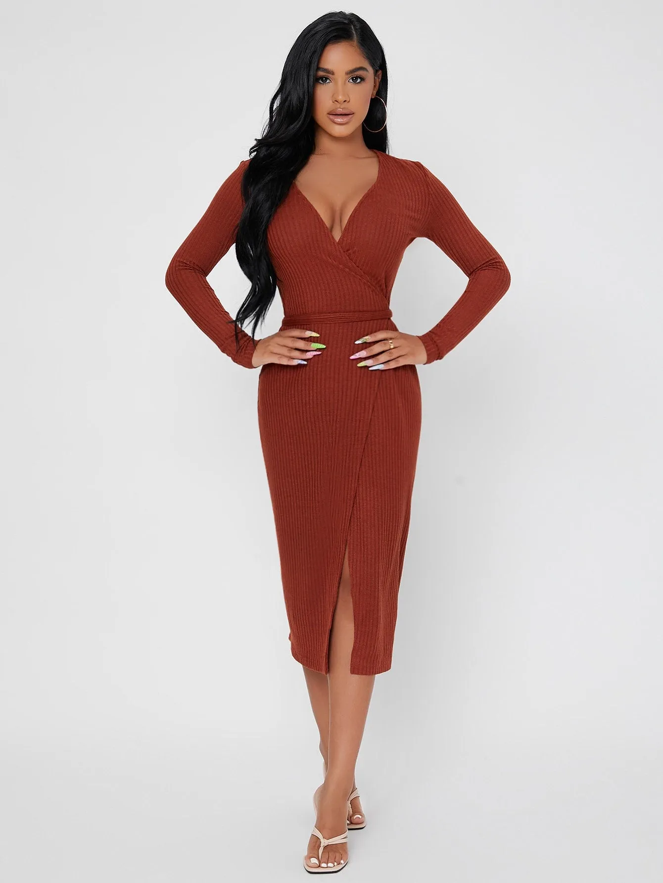 Elegant Plain Rib-Knit Long Sleeve V Neck Wrap High Waist Midi Dress