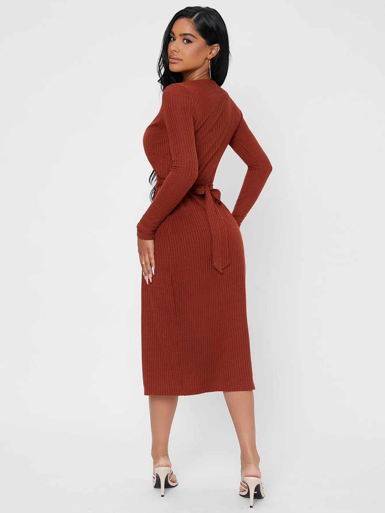 Elegant Plain Rib-Knit Long Sleeve V Neck Wrap High Waist Midi Dress