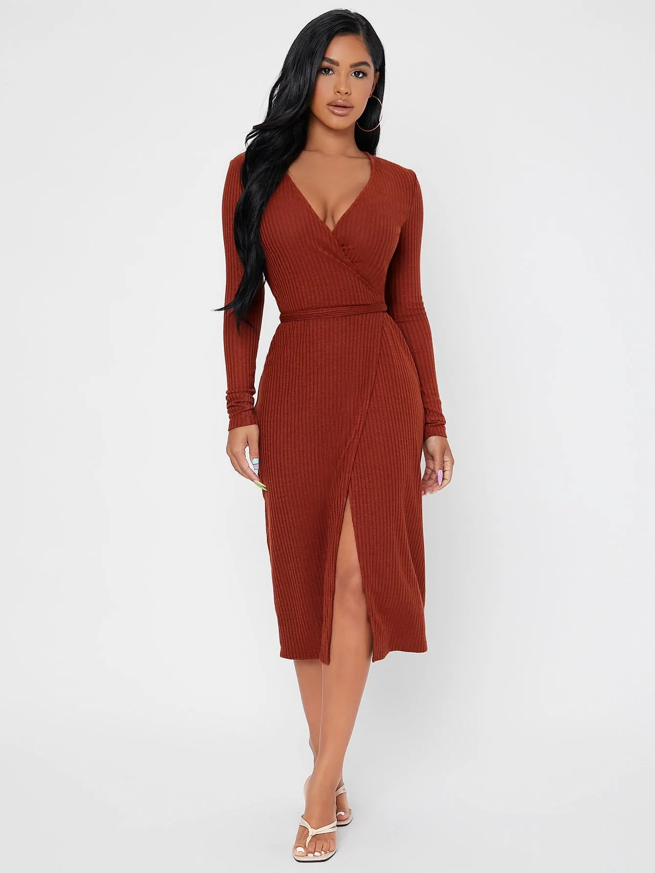 Elegant Plain Rib-Knit Long Sleeve V Neck Wrap High Waist Midi Dress