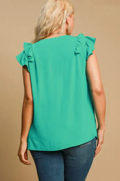 Emerald Elegance Ruffle Sleeve Blouse