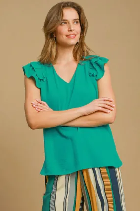 Emerald Elegance Ruffle Sleeve Blouse