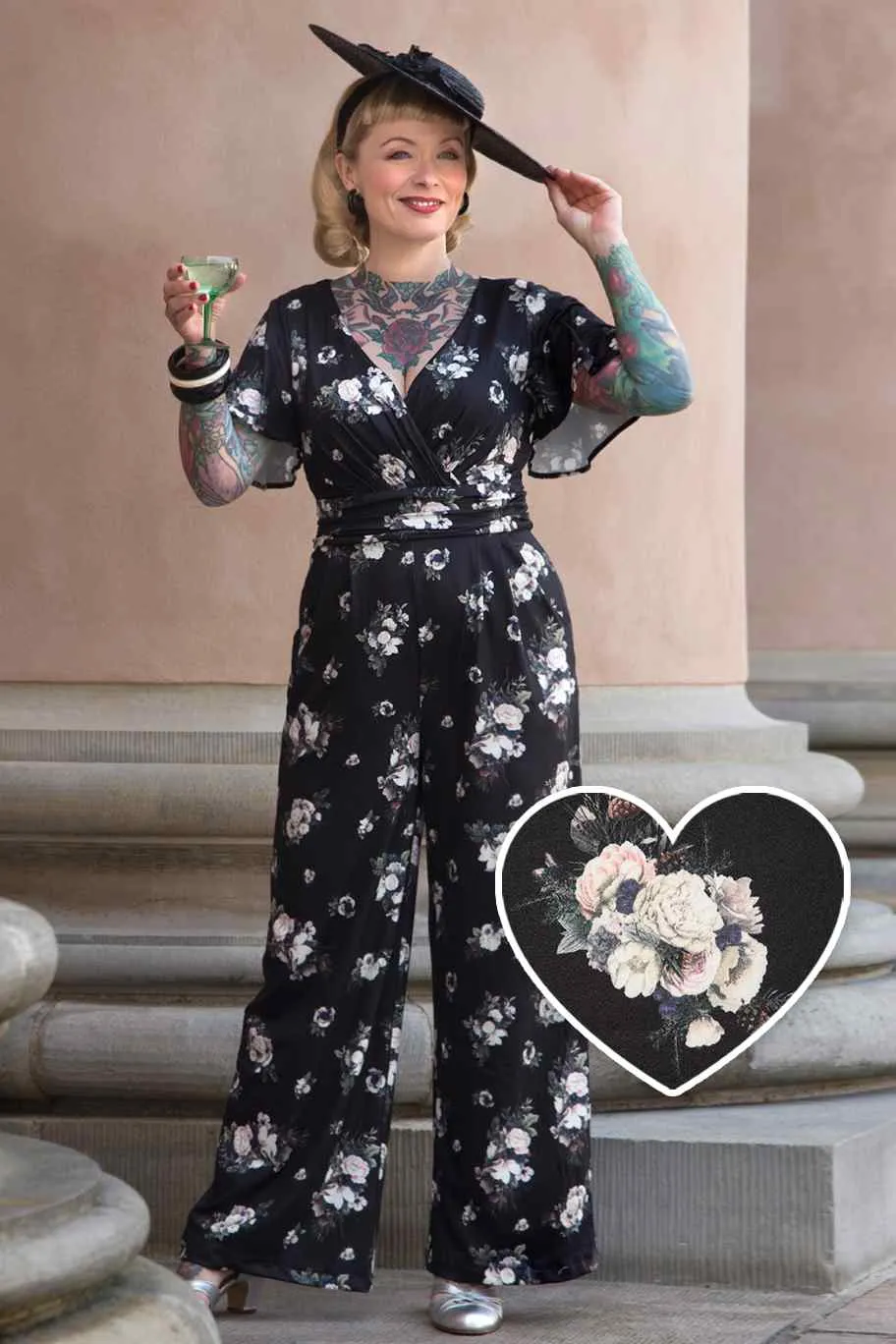 Esther Black Rose Butterfly Sleeved Jumpsuit