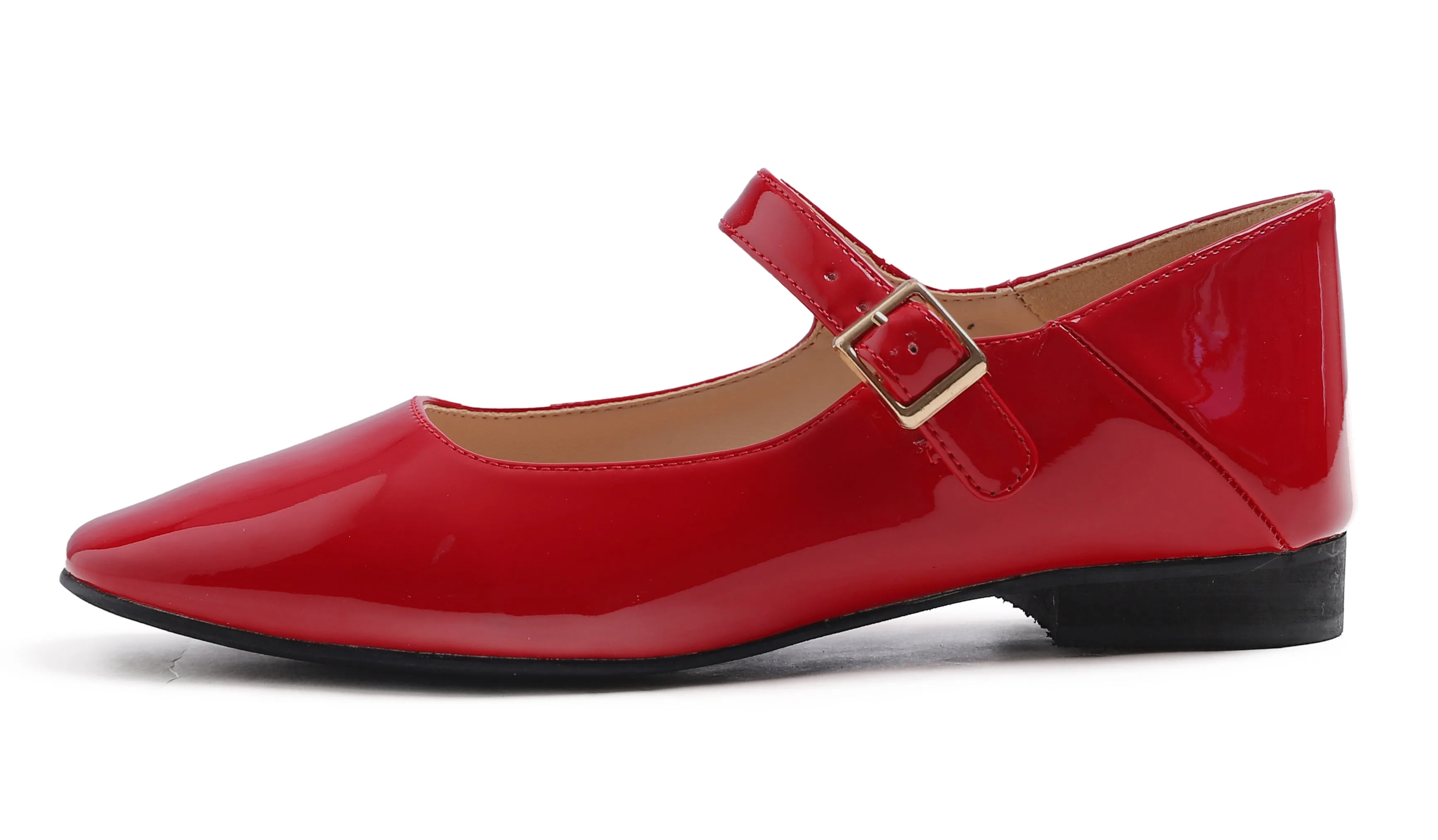 Feversole Women's Mary Jane Fashion Square Toe Easy Buckle Low Heel Slip On Flats Vegan Patent Leather