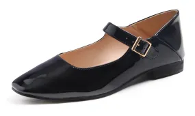 Feversole Women's Mary Jane Fashion Square Toe Easy Buckle Low Heel Slip On Flats Vegan Patent Leather