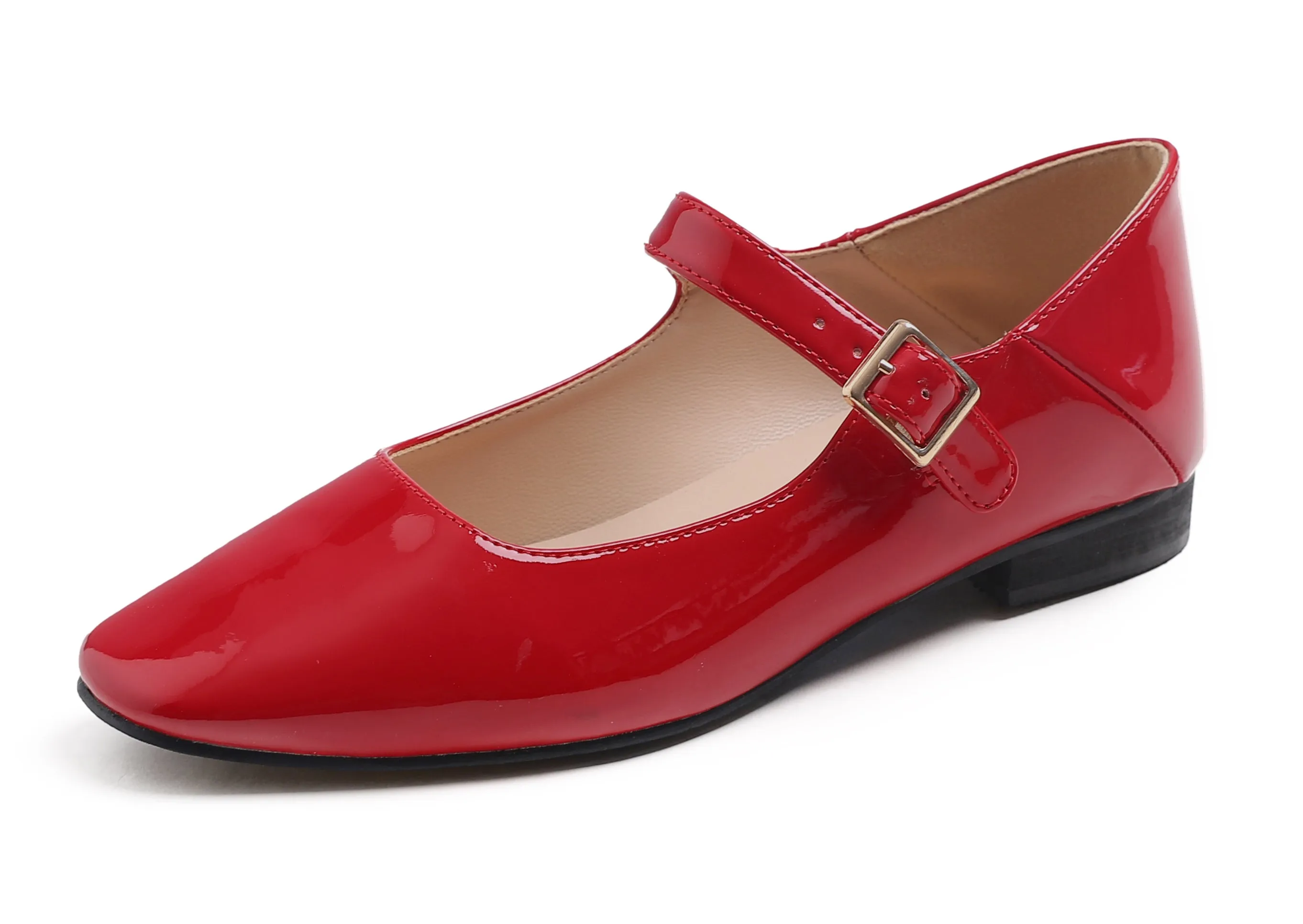 Feversole Women's Mary Jane Fashion Square Toe Easy Buckle Low Heel Slip On Flats Vegan Patent Leather