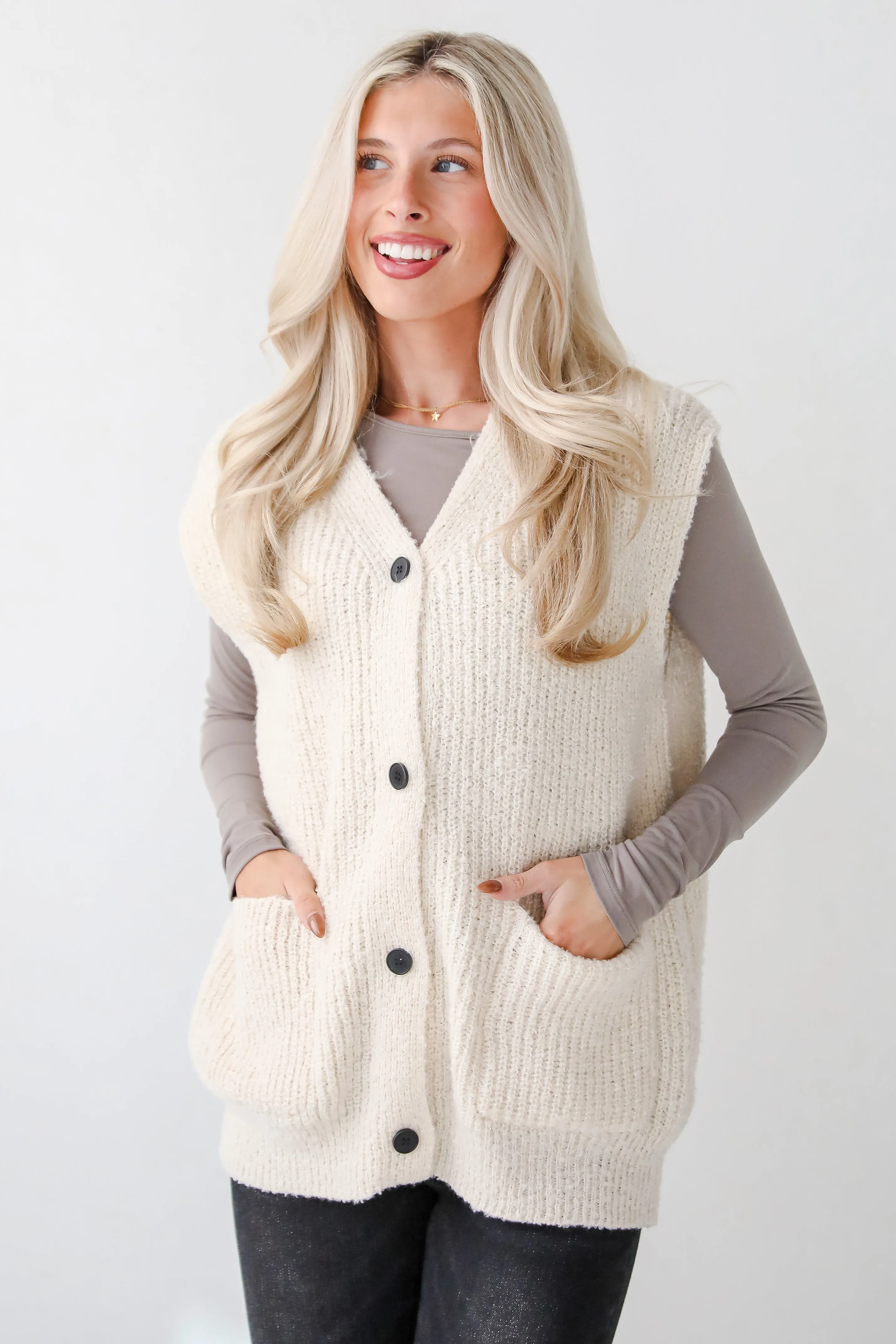 FINAL SALE - Cuddly Perfection Oatmeal Fuzzy Knit Sweater Vest