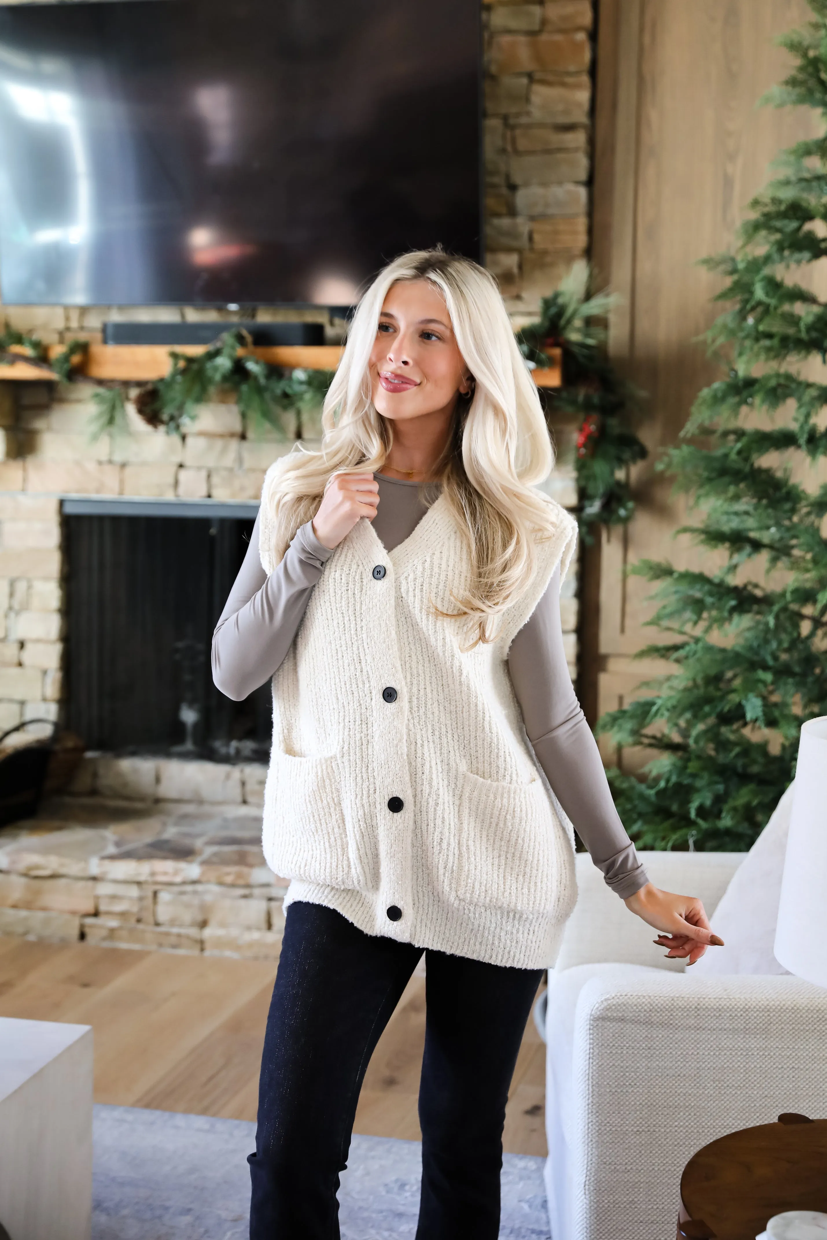 FINAL SALE - Cuddly Perfection Oatmeal Fuzzy Knit Sweater Vest