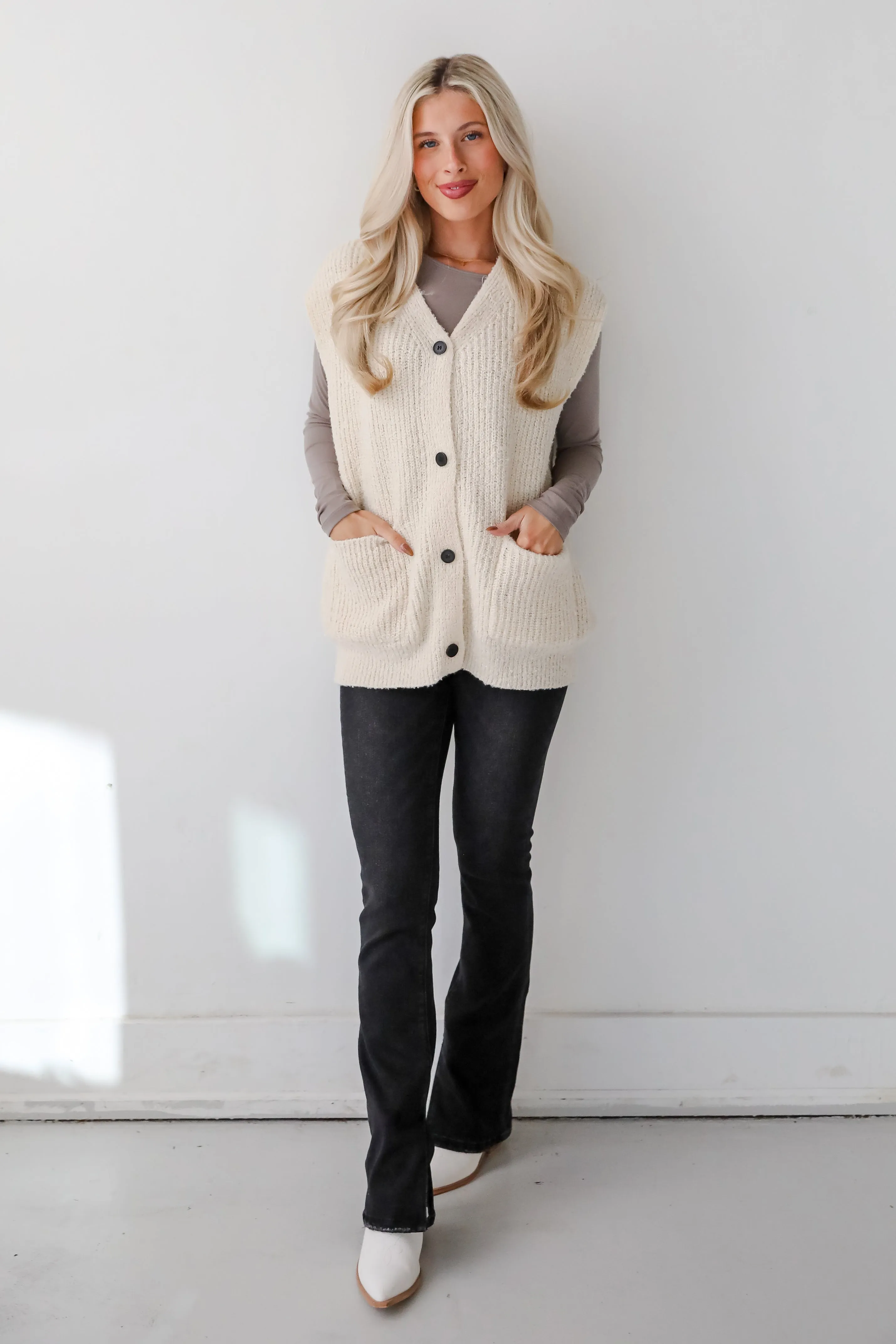 FINAL SALE - Cuddly Perfection Oatmeal Fuzzy Knit Sweater Vest