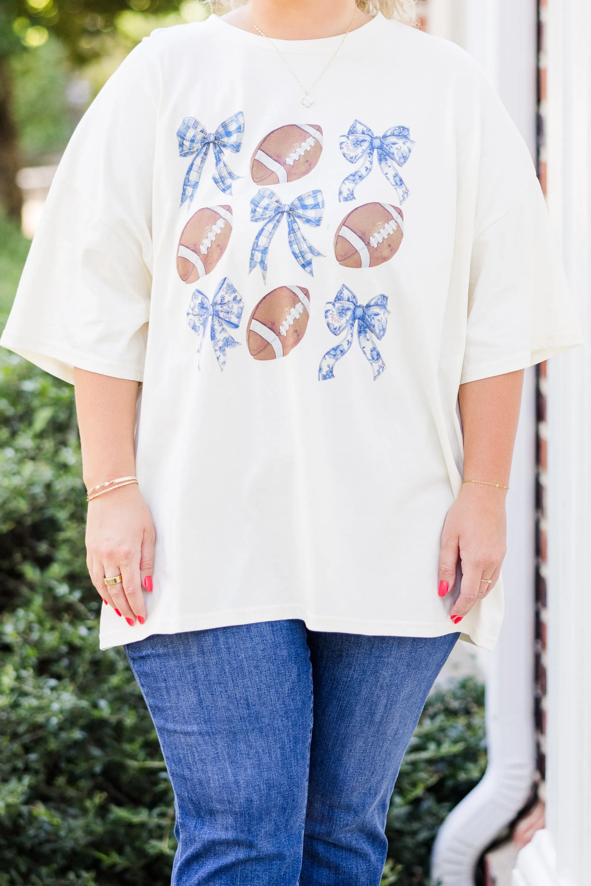Footballs & Bows Boyfriend Tee, Ivory