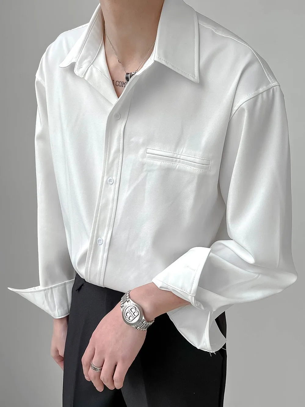 Gbolsos2022 Men's Loose Long Sleeved Solid Color Shirts Fashion Business Casual Lapel Collar Casual White/black Color Shirts M-2XL