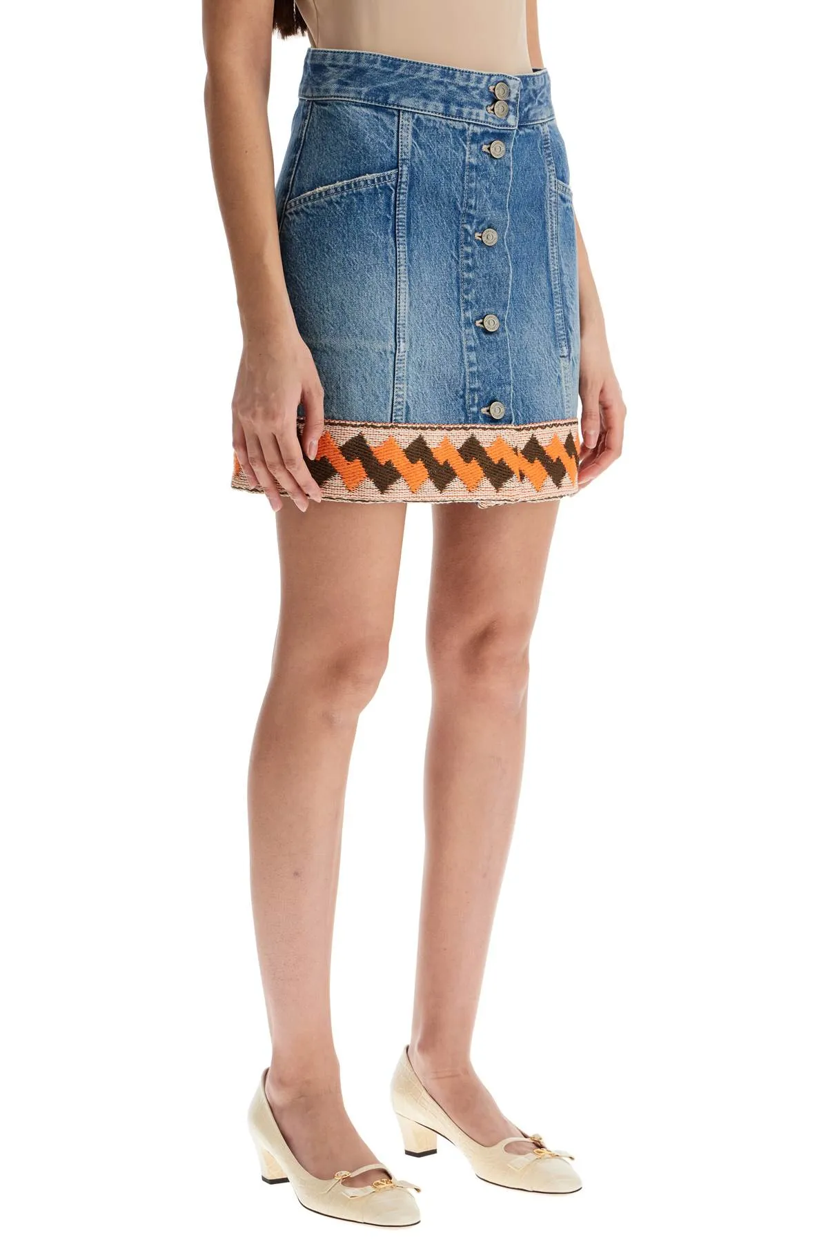 Geometric-Trim Denim Skirt