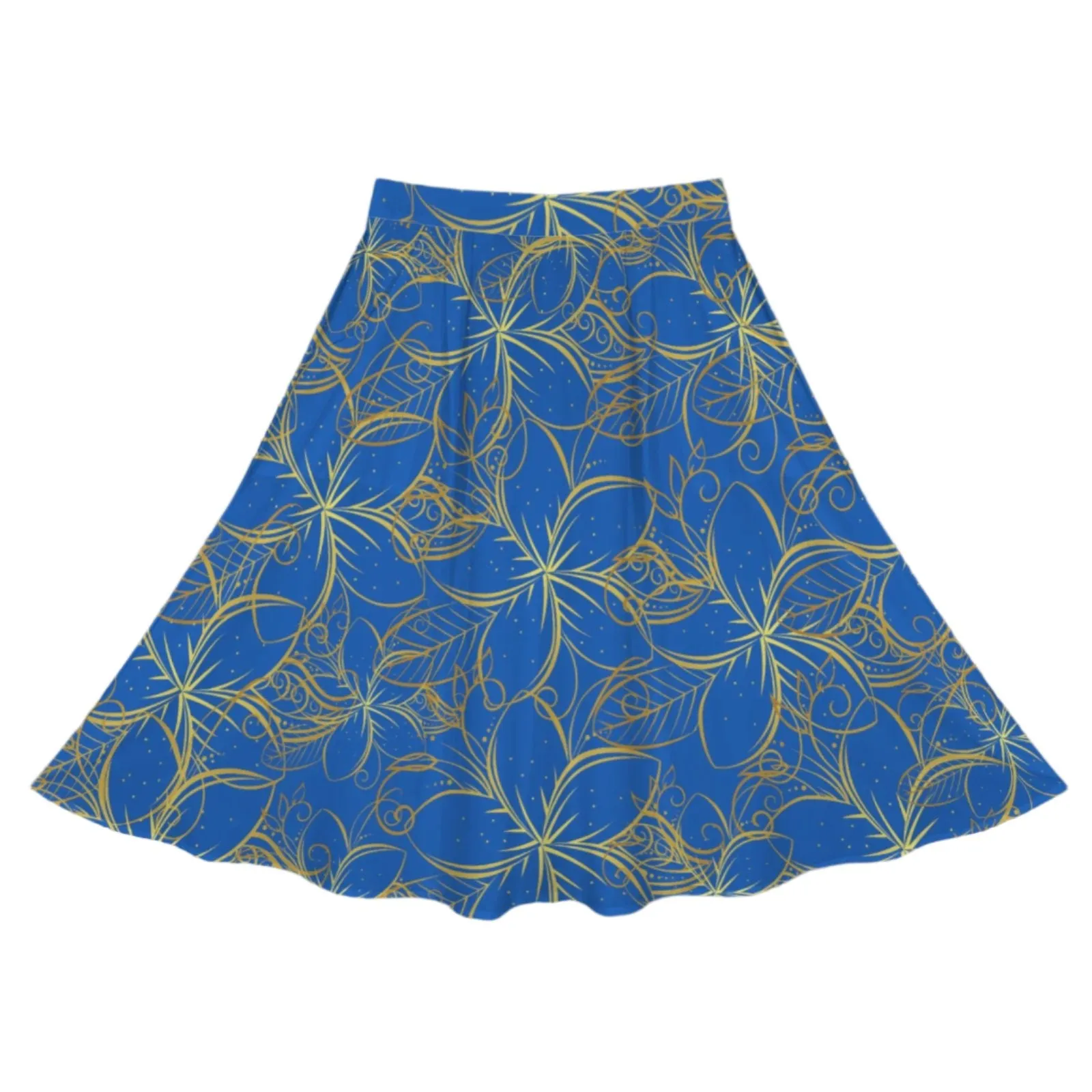 Golden Frangipani Blue Mid Length Skirt with Pockets up to 5 XL (FWS)