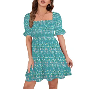 Graphic Lillies Teal Ruffles Square Neck Dress up to 5 XL (FWS)