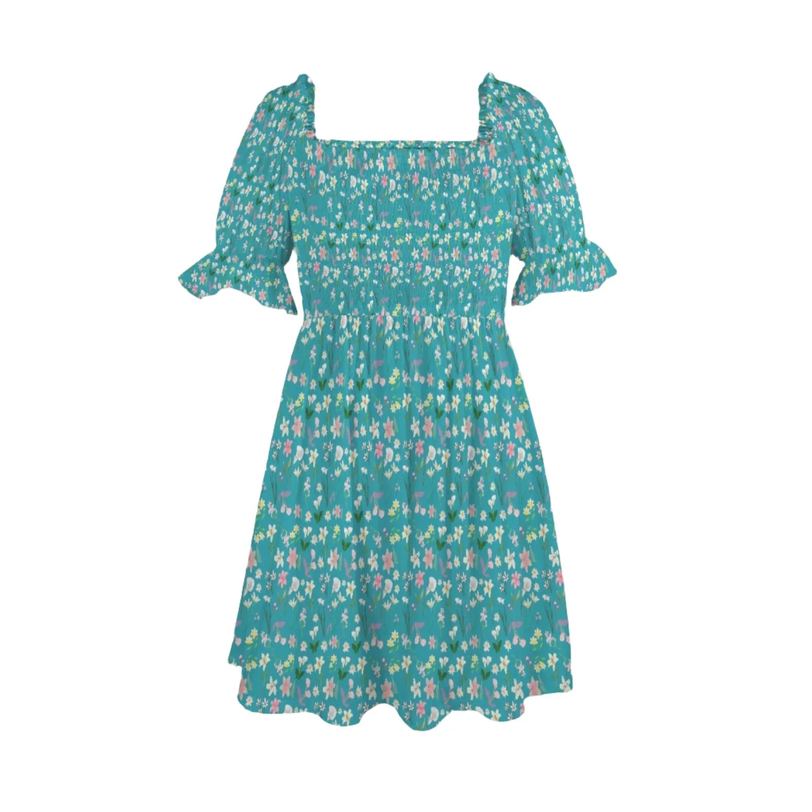 Graphic Lillies Teal Ruffles Square Neck Dress up to 5 XL (FWS)