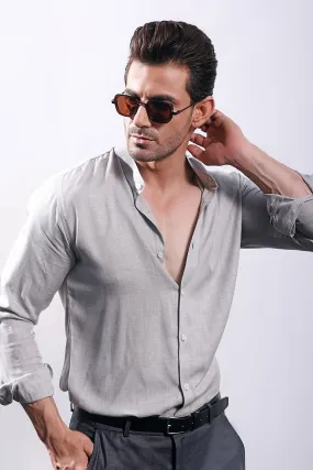 Grey Linen With Stand-Up Collar Shirt