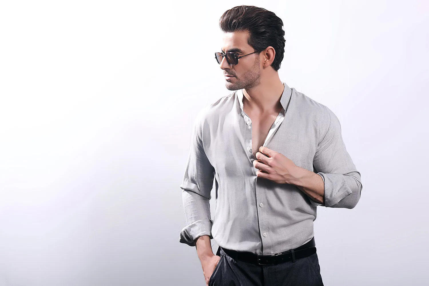 Grey Linen With Stand-Up Collar Shirt