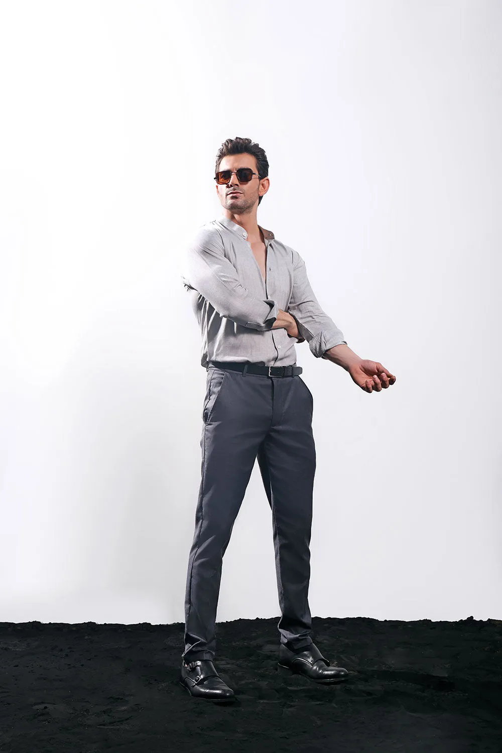 Grey Linen With Stand-Up Collar Shirt