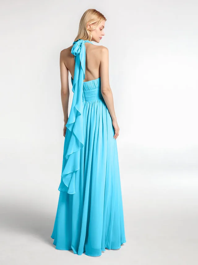 Halter Chiffon Dresses with Cascade Skirt Clearance