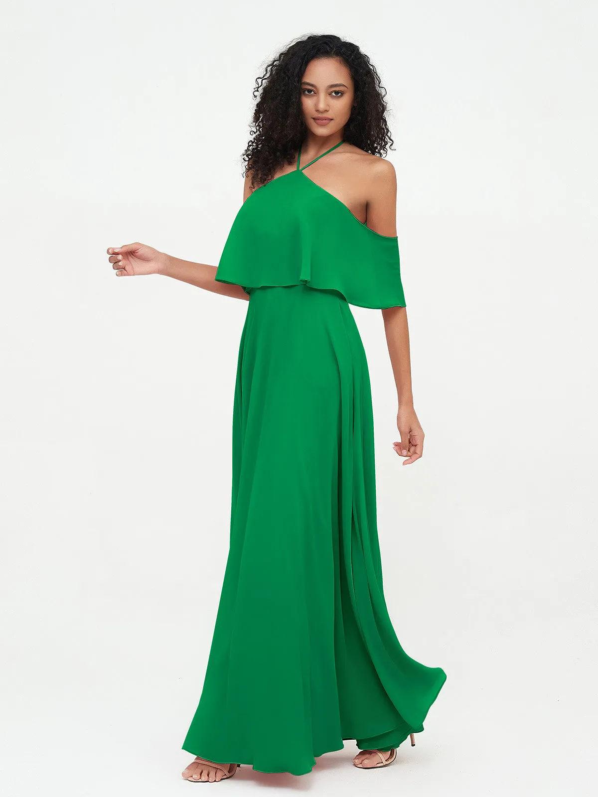 Halter Off the Shoulder Max Dresses with Pockets-Emerald