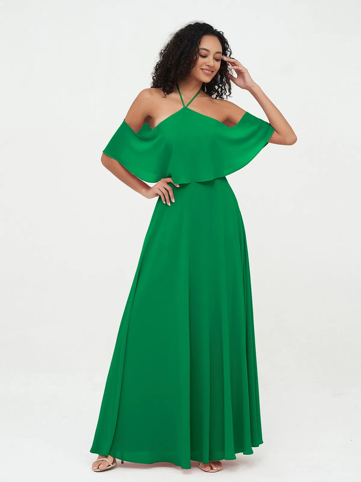 Halter Off the Shoulder Max Dresses with Pockets-Emerald